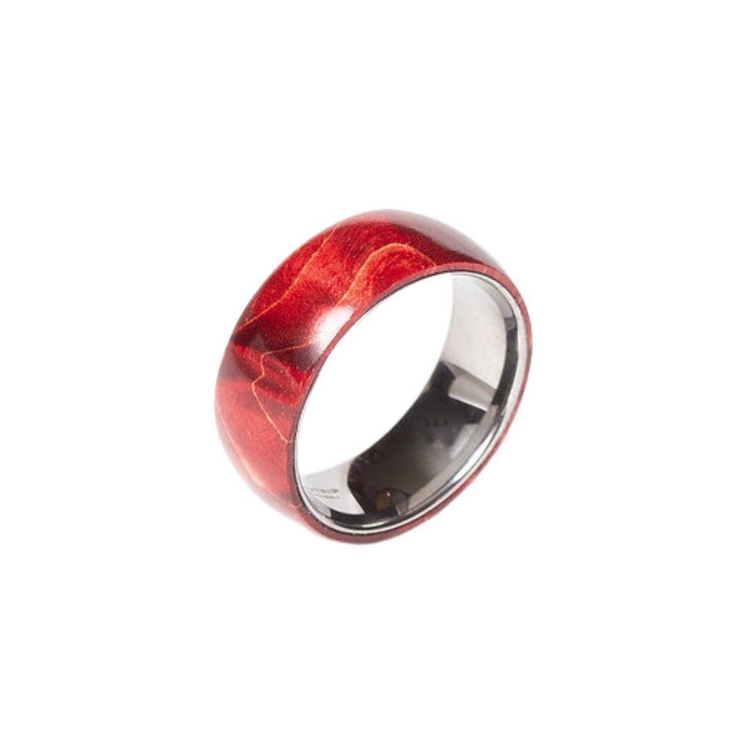 Bague en tungstène et bois d'érable infusé rouge ((18))